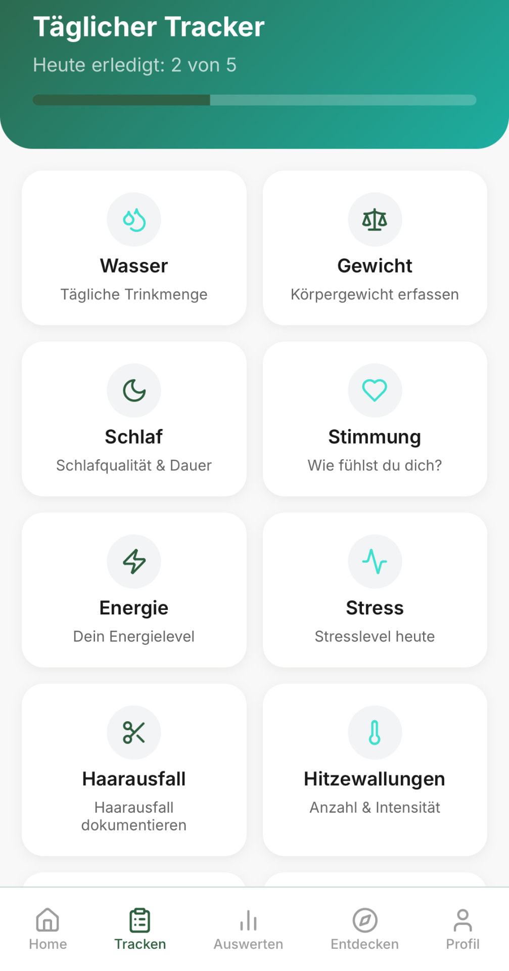 Clara Tracking-Ansicht: Kacheln für Wasser, Gewicht, Schlaf, Stimmung, Energie und Stress