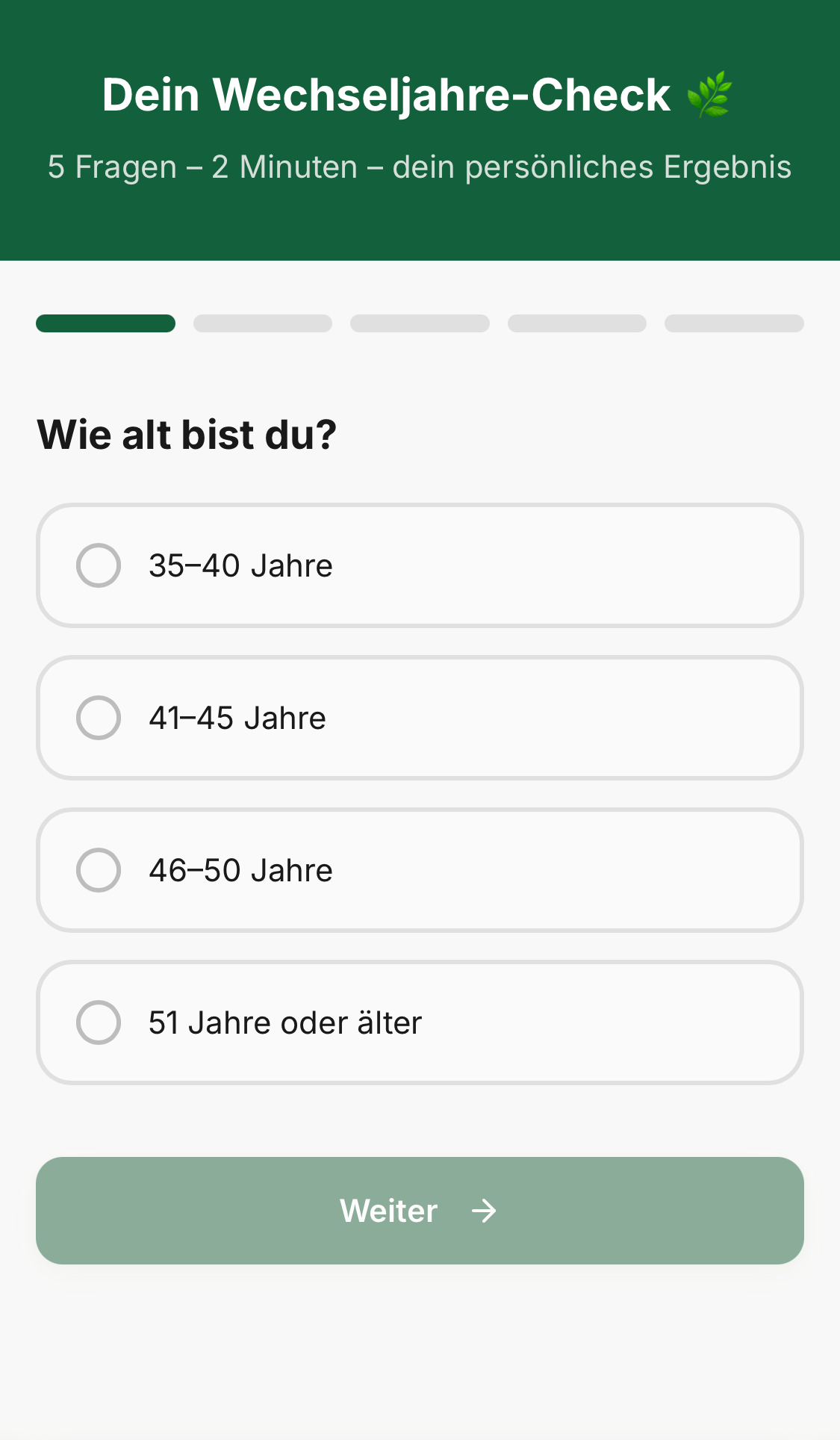 Clara Wechseljahre-Check: erste Frage nach dem Alter mit Fortschrittsanzeige